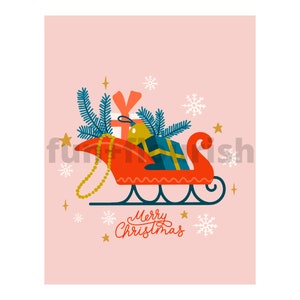 May include: A red sleigh with a gold chain, filled with presents and a pine branch, on a pink background with snowflakes and the text "Merry Christmas".