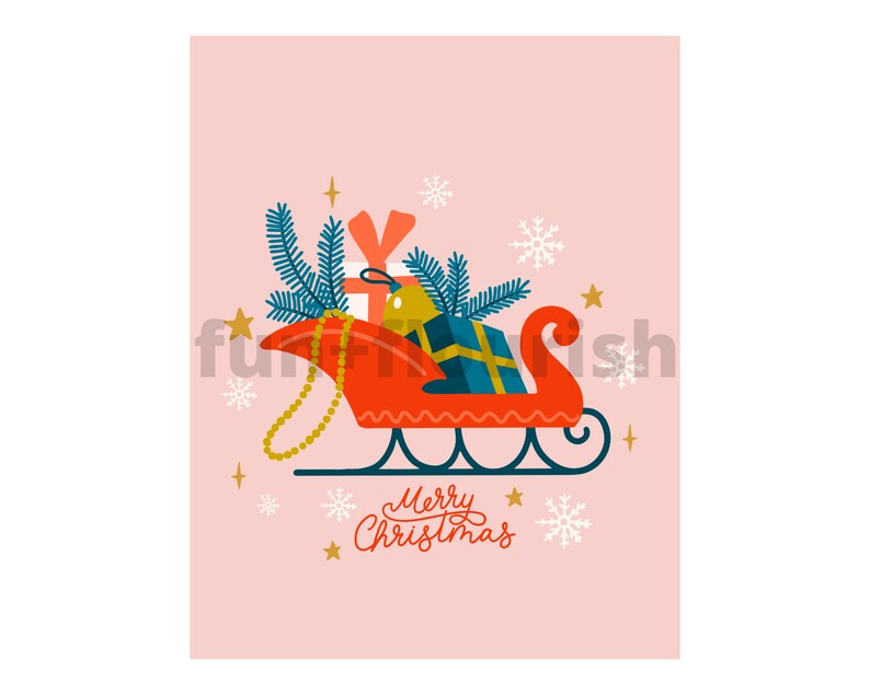 May include: A red sleigh with a gold chain, filled with presents and a pine branch, on a pink background with snowflakes and the text "Merry Christmas".
