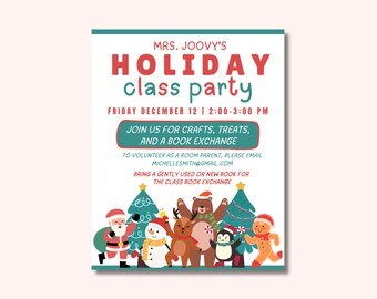 Editable Holiday Class Party Flyer Canva Template | School Christmas Party Invitation | Printable Classroom Event Flyer