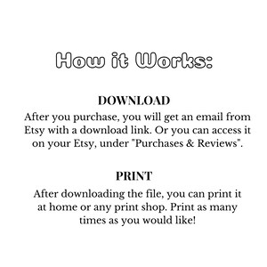 May include: Text explaining how to download and print a digital purchase from Etsy. The text says "How it Works: DOWNLOAD After you purchase, you will get an email from Etsy with a download link. Or you can access it on your Etsy, under "Purchases & Reviews". PRINT After downloading the file, you can print it at home or any print shop. Print as many times as you would like!"