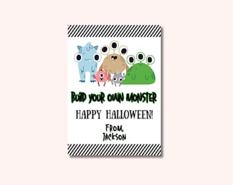 Build a Monster Halloween Favor Tag: Kids Party Canva Template (2.5x3.5 in Digital Download