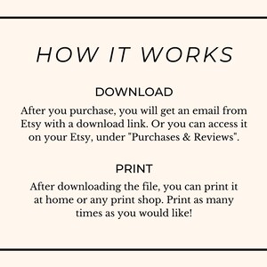 May include: A black and white text graphic with the title "HOW IT WORKS" and instructions on how to download and print digital files purchased on Etsy.