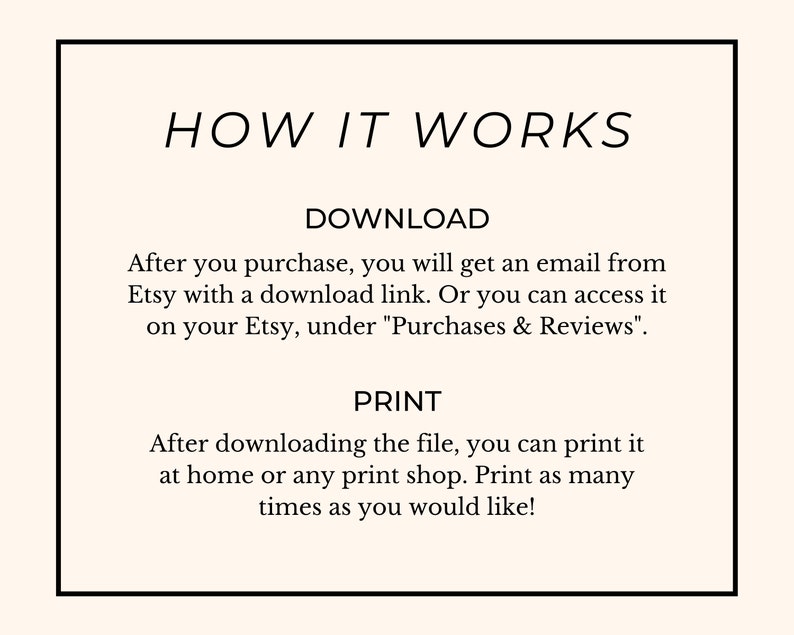 May include: A black and white text graphic with the title "HOW IT WORKS" and instructions on how to download and print digital files purchased on Etsy.