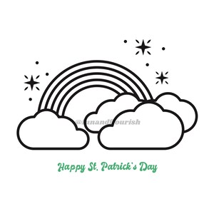 May include: A black and white line drawing of a rainbow with clouds and stars. The text "Happy St. Patrick's Day" is written below the rainbow.