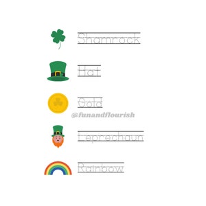 May include: A worksheet with five images and their corresponding words to trace. The images are a shamrock, a leprechaun hat, a gold coin, a leprechaun, and a rainbow.