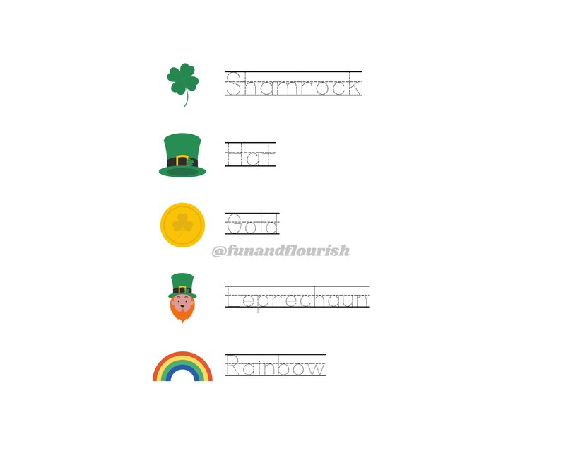 May include: A worksheet with five images and their corresponding words to trace. The images are a shamrock, a leprechaun hat, a gold coin, a leprechaun, and a rainbow.