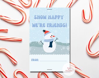 May include: A blue and white card with a snowman illustration and the text "Snow Happy We're Friends!"  There is a blank space for a name under the text "From:"