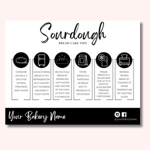 May include: Black and white infographic with the title "Sourdough Bread Care Tips". The infographic has six sections with icons and text describing how to consume, store, revive, freeze, and refresh sourdough bread.