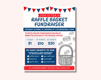 Basket Raffle Fundraiser Flyer Template: School PTA Event, Editable Canva Poster (4 Sizes)
