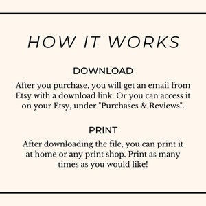 May include: A black and white text graphic with the title "HOW IT WORKS" and instructions on how to download and print digital files purchased on Etsy.