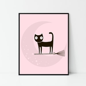 May include: A black cat with big eyes flies on a broom across a pink crescent moon. The moon is surrounded by white dots.