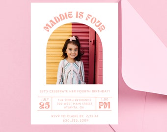 4th Birthday Invitation with photo | Minimalist 4th birthday Invite | Simple 4th Birthday Invite | Photo Birthday Invitation | Girl