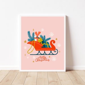 May include: A red and white sleigh filled with presents, a blue and green pine branch, and a gold star. The sleigh is on a pink background with snowflakes and the text "Merry Christmas".