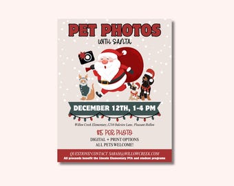 Pet Photos With Santa Flyer | Santa Paws Event Flyer | Pet Christmas Photo Flyer | Canva Template | Printable Holiday Pet Photo Event Flyer
