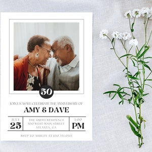 Faire-part modifiable pour le 50e anniversaire | Invitation photo d'anniversaire | Renouvellement de vœux | Fête d'anniversaire surprise |  Minimaliste | Moderne