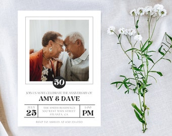 May include: A black and white wedding invitation with a photo of an older couple. The invitation reads "Join us as we celebrate the 50th anniversary of Amy & Dave" and includes the date, time, and location of the event.