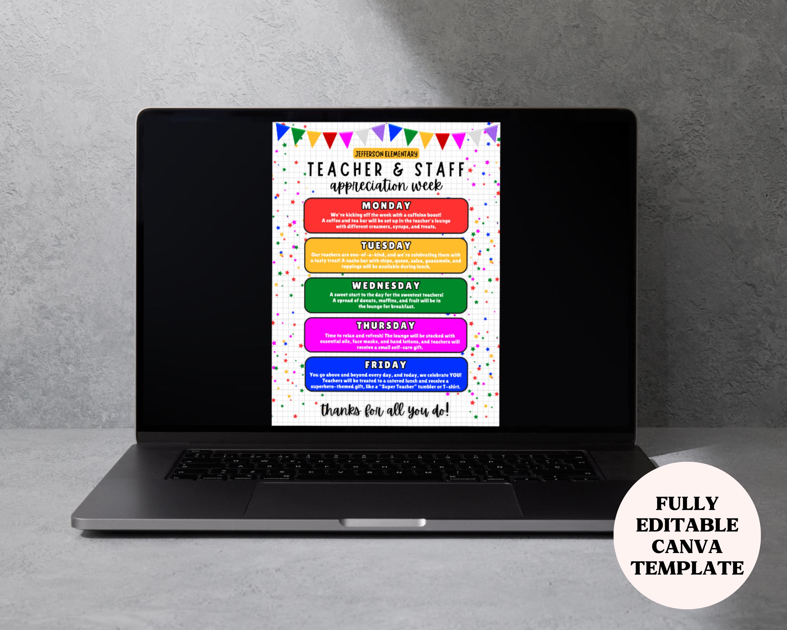 Editable Teacher Appreciation Week Flyer | Itinerary | Daily Theme ...