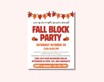 Editable Fall Block Party Flyer Canva Template | Autumn Festival Flyer | Printable Neighborhood Event Invitation