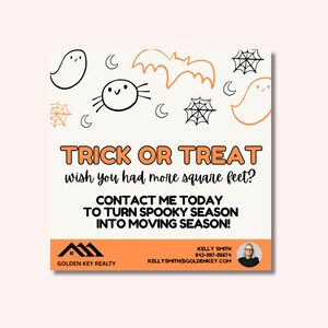 Halloween Realtor Pop By Tag | Trick or Treat Need More Square Feet | Real Estate Canva Template | Fall Client Gift Tag | Printable