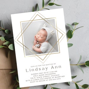 Gold Baptism Invite | Baptism Photo Invite | Minimalist Baptism Invitation | Editable Baptism Invite | Christening Photo Invite | Modern