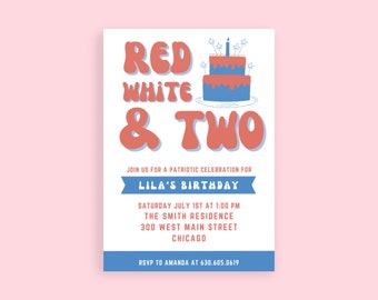 Invitación de cumpleaños editable del 4 de julio / Rojo Blanco y dos / Cumpleaños patriótico / Invitación del segundo cumpleaños / Cumpleaños de verano