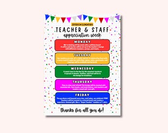 May include: A colorful printable chart with a grid background and stars. It lists a schedule for Teacher & Staff Appreciation Week with activities for each day of the week, including coffee and tea, donuts, muffins, and self-care items.