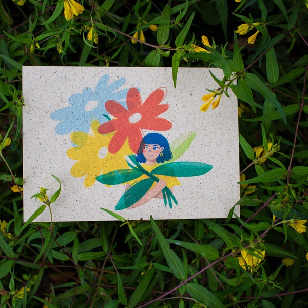 Handgemachte Postkarte DINA6 - Blumenmädchen auf Grasspapier gedruckt