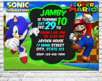 Personalised Sonic The Hedgehog and Super Mario Party Invites Inc Envelopes SM1