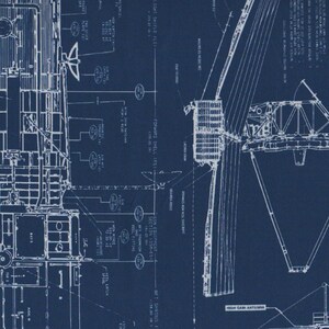 May include: A detailed blueprint-style illustration of a spacecraft, rendered in white lines against a deep blue background. The design includes various components, labels, and technical details, suggesting an engineering or architectural theme. The image has a vintage aesthetic.