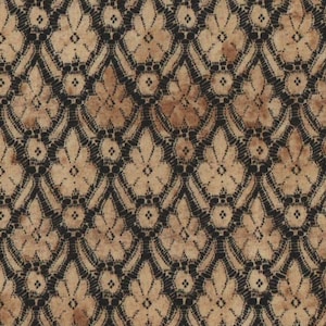 Könnte beinhalten: Detailreiches Muster mit sich wiederholenden, stilisierten Blumenmotiven. Das Muster besteht aus schwarzen Umrissen und einem beigen Hintergrund, wodurch eine strukturierte, Vintage-Ästhetik entsteht. Das Design erinnert an Damast oder Tapeten.