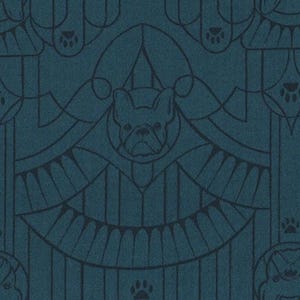 Puede incluir: Papel pintado de color turquesa con un patrón repetido de caras de bulldog estilizadas, huellas de patas y formas geométricas. El diseño presenta una disposición simétrica con contornos azul marino oscuro.