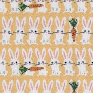 May include: A seamless fabric pattern featuring a repeating design of white bunnies holding carrots on a yellow background.
