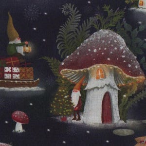 May include: A fabric design with a dark blue backdrop, showcasing illustrations of mushroom houses, gnomes, and Santa Claus. The mushrooms have red caps and white stems, with small doors and windows. Gnomes are shown carrying gifts and riding reindeer.