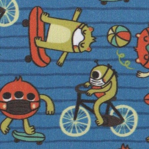 May include: A blue and white striped fabric with a repeating pattern of cartoon monsters wearing face masks. The monsters are doing various activities like riding bikes, skateboarding, and playing with a ball.