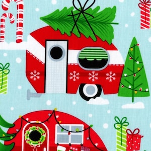 Christmas Fabric FQ, Retro Christmas Camper Van, Road Trip Cotton Print, Christmas Tree Fat Quarter