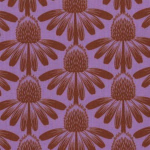 May include: A repeating pattern of brown coneflowers on a lavender background. The flowers are stylized with detailed petals and central cones. This design is suitable for fabric, wallpaper, or other decorative applications.
