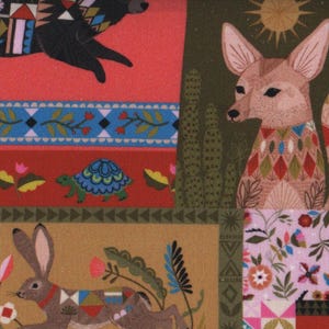 May include: A patterned fabric featuring rectangular panels with illustrations of a bear, a fennec fox, a rabbit, a horse, and a bird. The design includes cacti, turtles, and geometric shapes in red, olive green, blue, and pink colour palettes.