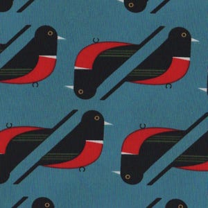 May include: A teal fabric featuring a repeating pattern of stylized birds. Each bird is black with a red wing and a white beak. The birds are bisected by a diagonal black line.