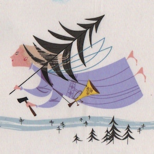 May include: A whimsical illustration of a woman with wings flying through the air. She is holding a small axe and a horn. The background is a light blue with white clouds and black trees.