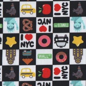 May include: A fabric with a black and white chequered pattern, showcasing New York City icons. The design includes "I Love NYC" hearts, pretzels, yellow stars, donuts, taxis, apples, pigeons, and the words "Wall St" and "Times Sq".