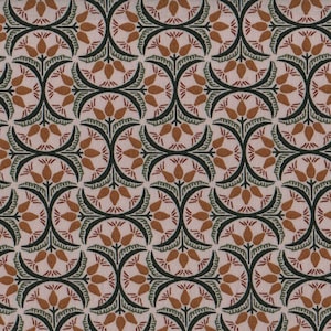 May include: A repeating pattern with symmetrical floral and leaf motifs. The design uses brown, black, and green against a pale pink backdrop, giving a vintage feel. The pattern is suitable for fabric or wallpaper, with a classic, decorative style.
