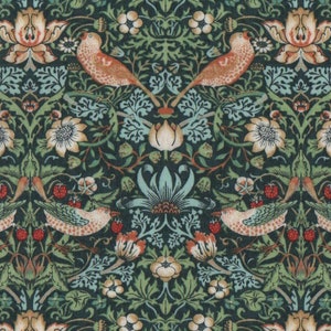 William Morris Fabric FQ, Small Strawberry Thief in Marine, Cotton Fat Quarter, Arts and Crafts Material UK