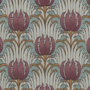 May include: A repeating pattern of stylized pink flowers with brown stems and blue birds in a light blue and white background.