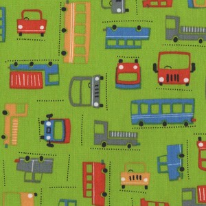 May include: A green fabric with a repeating pattern of various vehicles, including red cars, blue buses, and yellow trucks. The vehicles are outlined in black and have white details.