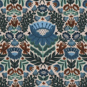 May include: A seamless pattern featuring a repeating design of blue, green, and brown flowers on a cream background.