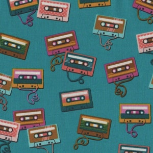 May include: A teal background with a repeating pattern of colourful cassette tapes. The tapes are in various colours and designs, including pink, blue, yellow, and brown.