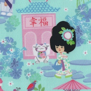 May include: A teal blue background with a repeating pattern of Japanese-inspired illustrations. The pattern includes pink and blue pagodas, flowers, butterflies, birds, and women in traditional clothing. The text "幸福" is written on one of the pagodas.