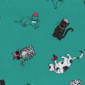 Cat Cotton Quilting Fabric Fat Quarter FQ: Fancypants in Teal