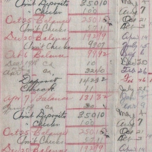 Peut inclure: Une page de grand livre vintage présentant des enregistrements financiers manuscrits à l'encre noire et rouge. Le document contient des colonnes de dates, des descriptions de transactions comme Deposit et Check, et des valeurs numériques.