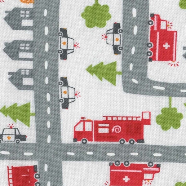 Feuille de route en tissu FQ, imprimé pompier et police, Stacy Iest Hsu Cotton Fat Quarter UK, matériau voiture